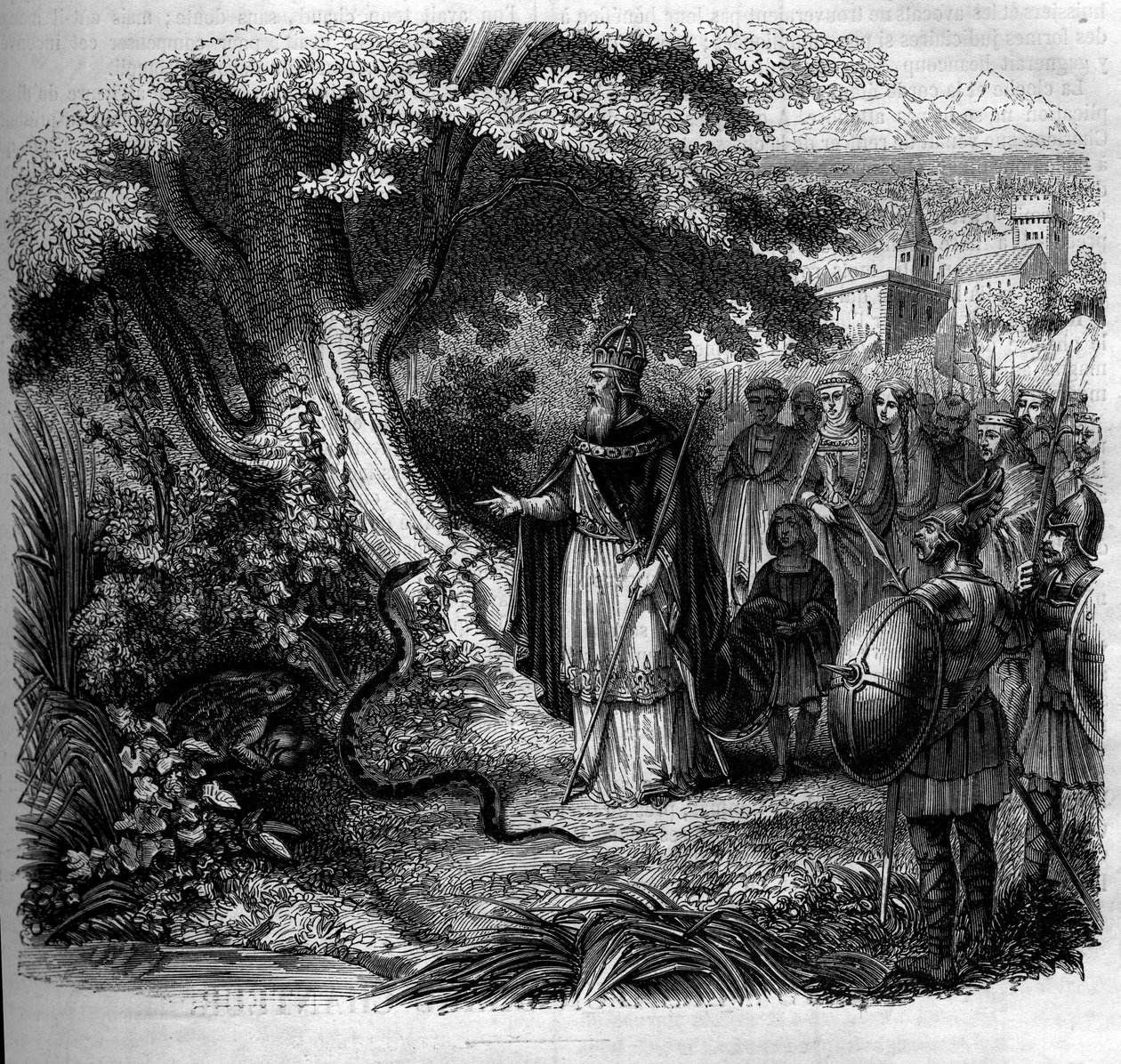 Legenda o Karolu Wielkim i wężu: cesarz przed gniazdem węża zajmowanym przez ropuchę. Grawerowanie z 1852 roku. autorstwa French School