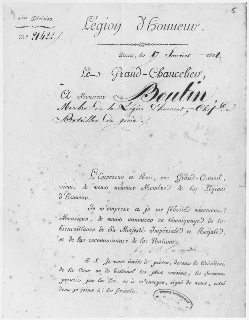 Legia Honorowa nadana pułkownikowi du Genie Boutin, 17 stycznia 1808 r. autorstwa French School