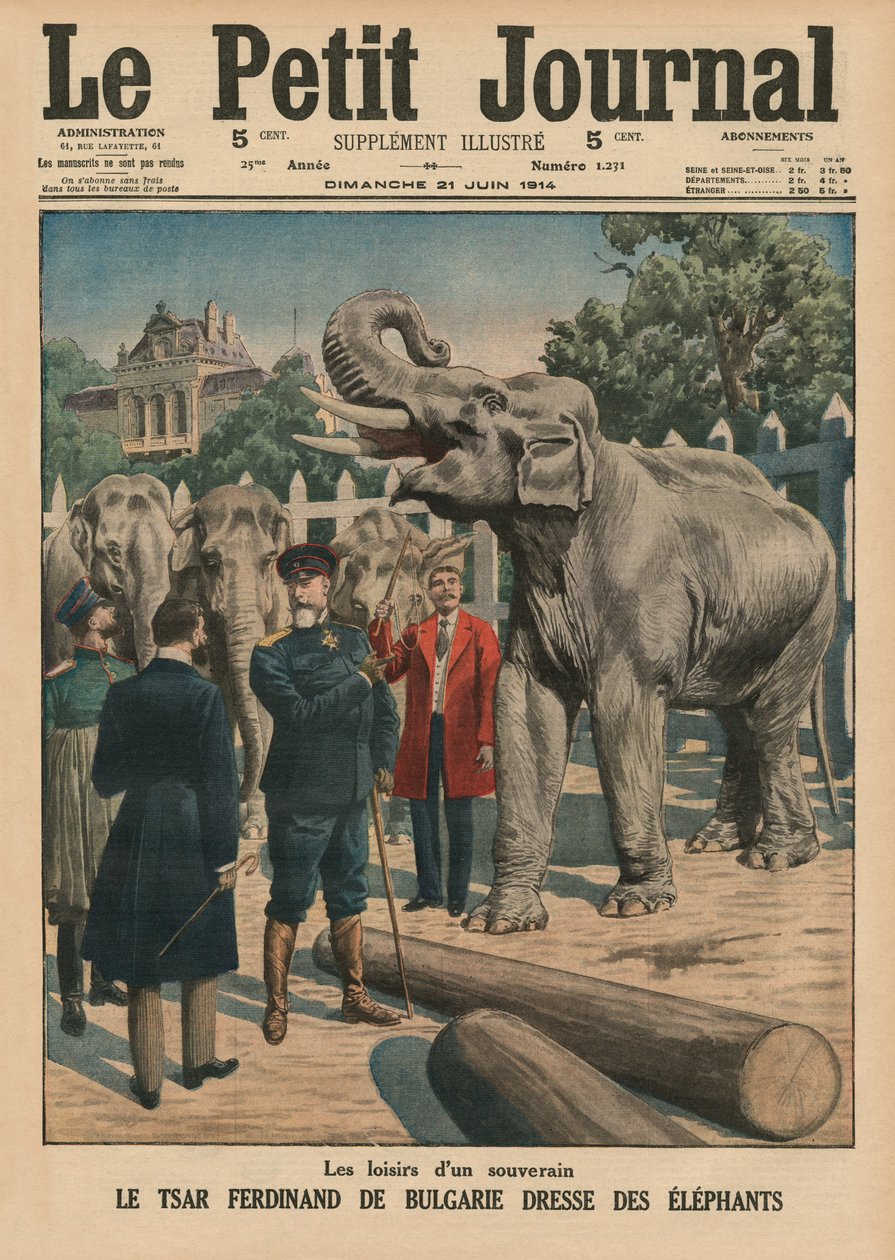 Czas wolny władcy, car Bułgarii Ferdynand I oswajający słonie, ilustracja na pierwszej stronie okładki z "Le Petit Journal", supplement illustre, 21 czerwca 1914 r. autorstwa French School