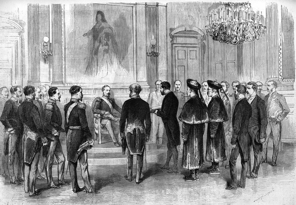 Cesarz Napoleon III (1808-1873) przyjmuje chińskich ambasadorów i ich tłumaczy w Salon des Tuileries w Paryżu autorstwa French School