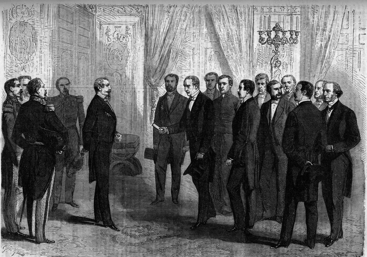 Cesarz Napoleon III przyjmuje w Tuileries delegację meksykańską odpowiedzialną za ofiarowanie korony Meksyku księciu Maksymilianowi (Maksymilianowi I). Paryż autorstwa French School