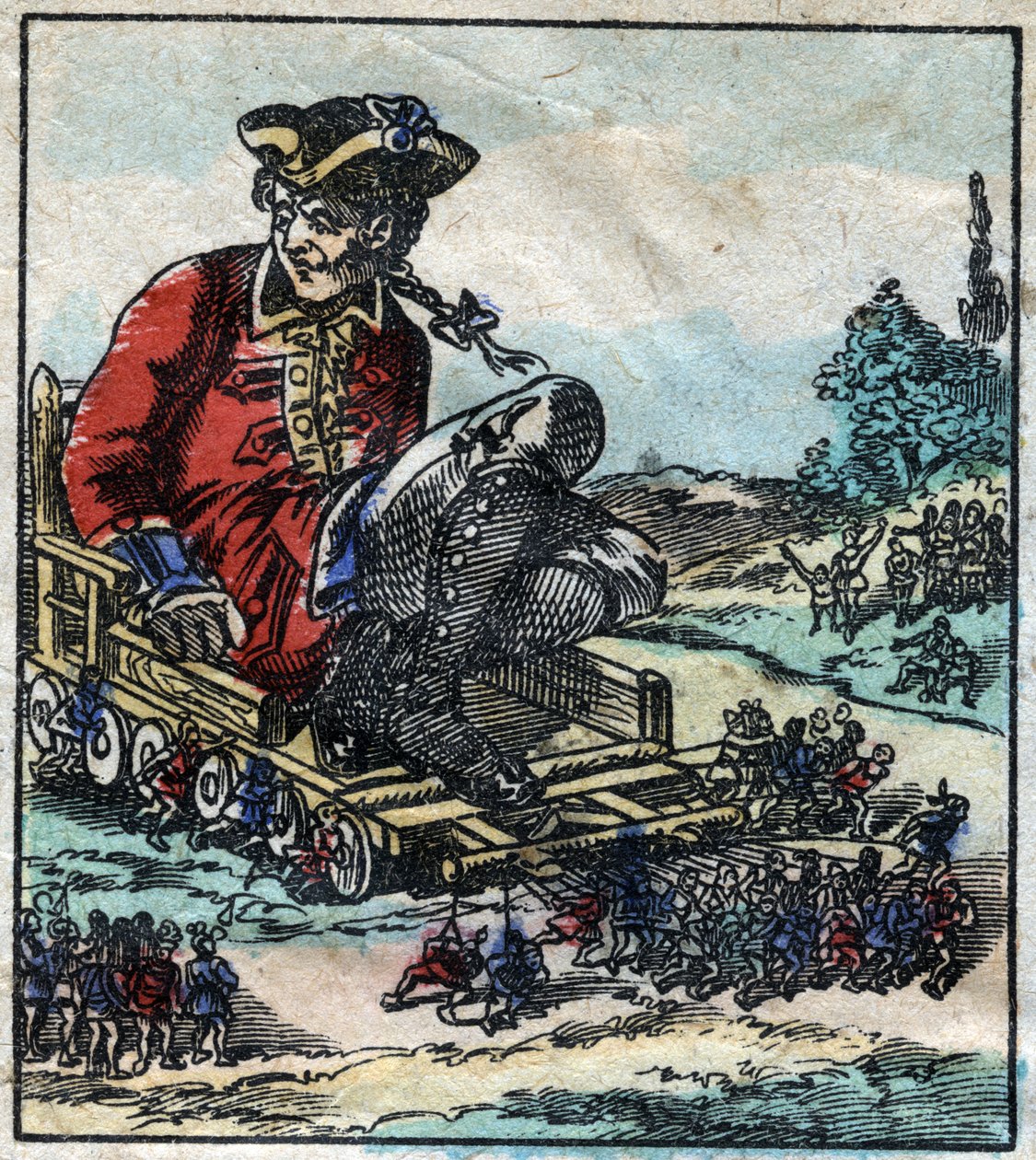 Lemuel Gulliver, więzień jest przewożony na wózku ciągniętym przez Lilliputów. Ilustracja do „Podróży Guliwera” Jonathana Swifta (1667-1745). Obrazowanie epinal pod koniec XIX wieku. autorstwa French School