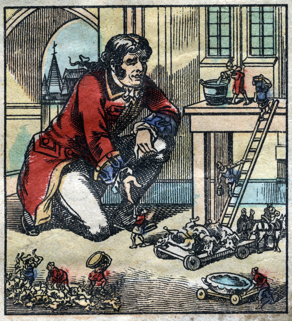 Lemuel Gulliver doradca armii Lilliput. Ilustracja do „Podróży Guliwera” Jonathana Swifta (1667-1745). Obrazowanie epinal pod koniec XIX wieku. autorstwa French School