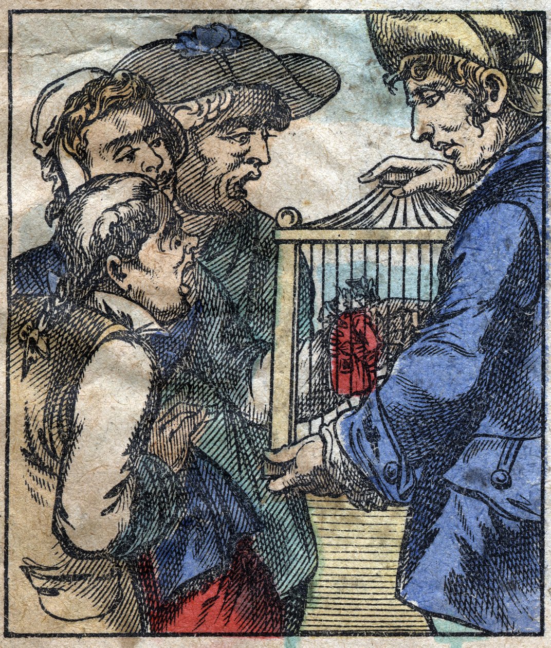 Lemuel Gulliver w klatce zostaje pokazany gigantom z Brobdingnag. Ilustracja do „Podróży Guliwera” Jonathana Swifta (1667-1745). Obrazowanie epinal pod koniec XIX wieku. autorstwa French School