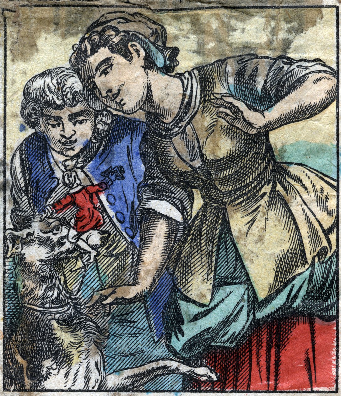 Lemuel Gulliver w krainie gigantów Brobdingnag. Ilustracja do „Podróży Guliwera” Jonathana Swifta (1667-1745). Obrazowanie epinal pod koniec XIX wieku. autorstwa French School
