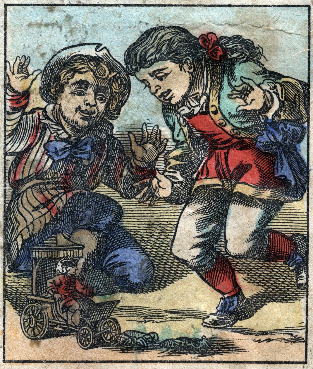 Lemuel Gulliver jest używany jako zabawka przez gigantyczne dzieci z Brobdingnag. Ilustracja do „Podróży Guliwera” Jonathana Swifta (1667-1745). Obrazowanie epinal pod koniec XIX wieku. autorstwa French School
