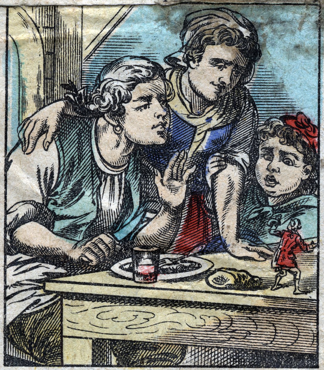 Lemuel Gulliver na stole rodziny Glumdalclitch, w krainie gigantów Brobdingnag. Ilustracja do „Podróży Guliwera” Jonathana Swifta (1667-1745). Obrazowanie epinal pod koniec XIX wieku. autorstwa French School