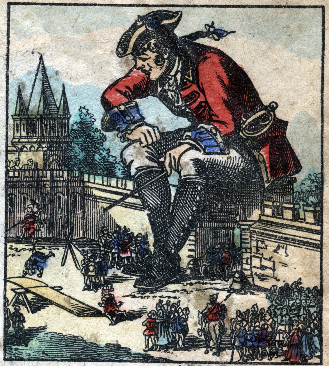 Lemuel Gulliver siedzący na murach obronnych miasta wyjaśnia strategię liliputowskiej armii. Ilustracja do „Podróży Guliwera” Jonathana Swifta (1667-1745). Obrazowanie epinal pod koniec XIX wieku. autorstwa French School