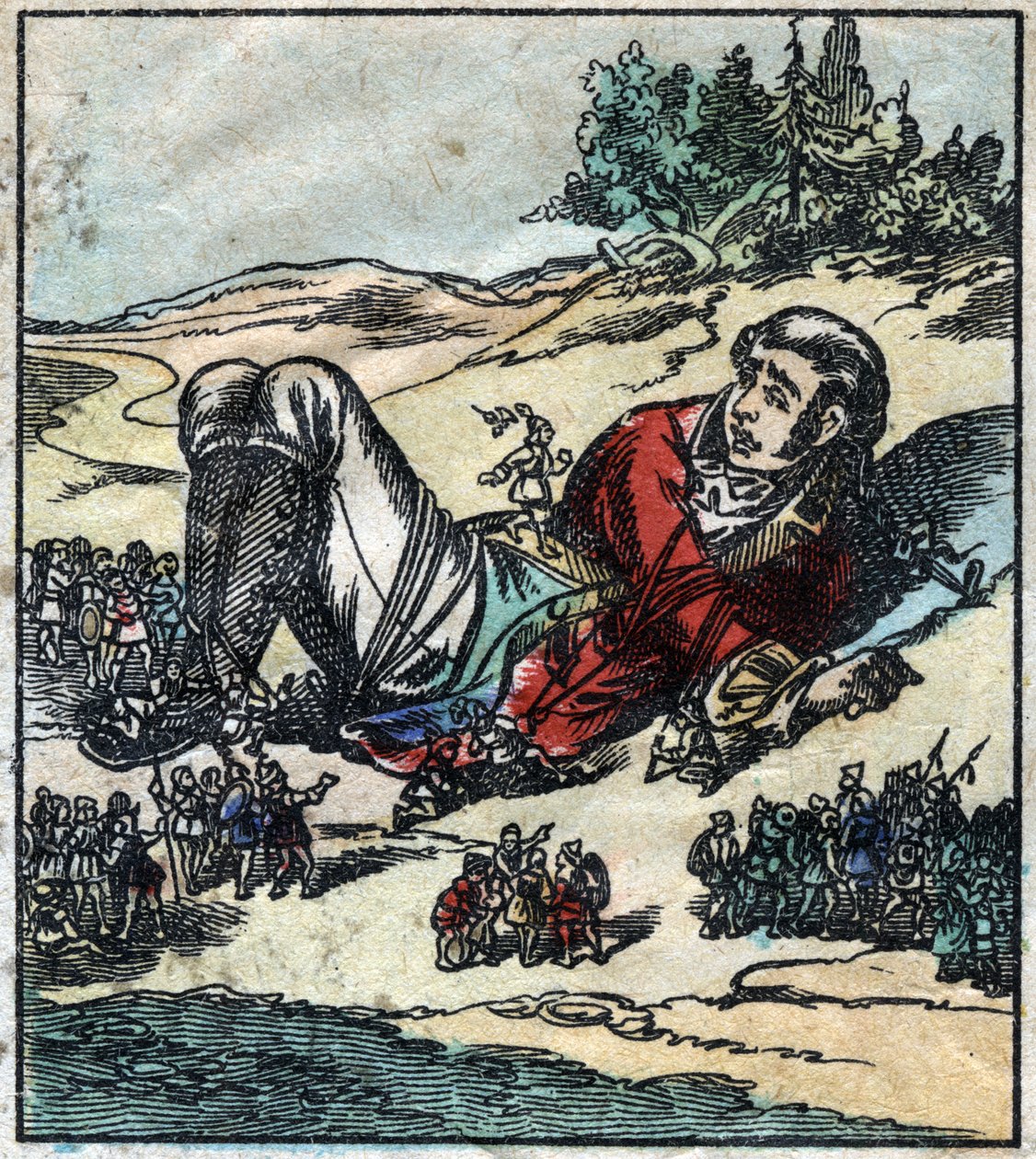 Lemuel Gulliver obudził się po rozbiciu statku i został wzięty do niewoli przez Lilliputów. Ilustracja do „Podróży Guliwera” Jonathana Swifta (1667-1745). Obrazowanie epinal pod koniec XIX wieku. autorstwa French School