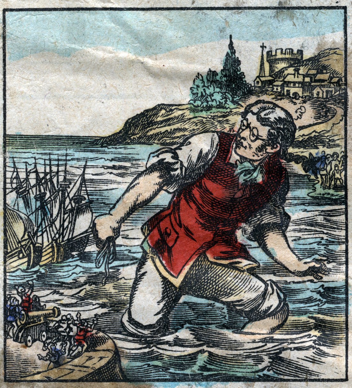 Lemuel Gullliver wystrzelił statki z armii Blefuscu do stołecznego portu Lilliput. Ilustracja do „Podróży Guliwera” Jonathana Swifta (1667-1745). Obrazowanie epinal pod koniec XIX wieku. autorstwa French School