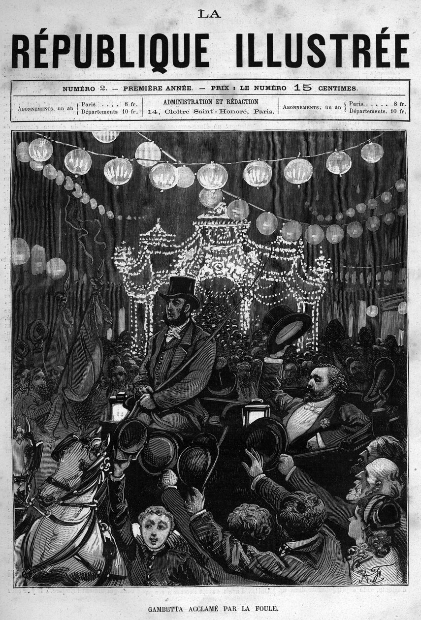 Leon Gambetta (1838-1882) wita pomnik na Place de la Republique w Paryżu. Gazeta. Rycina z 1880 r. w prywatnej kolekcji „La republique illustree”. autorstwa French School