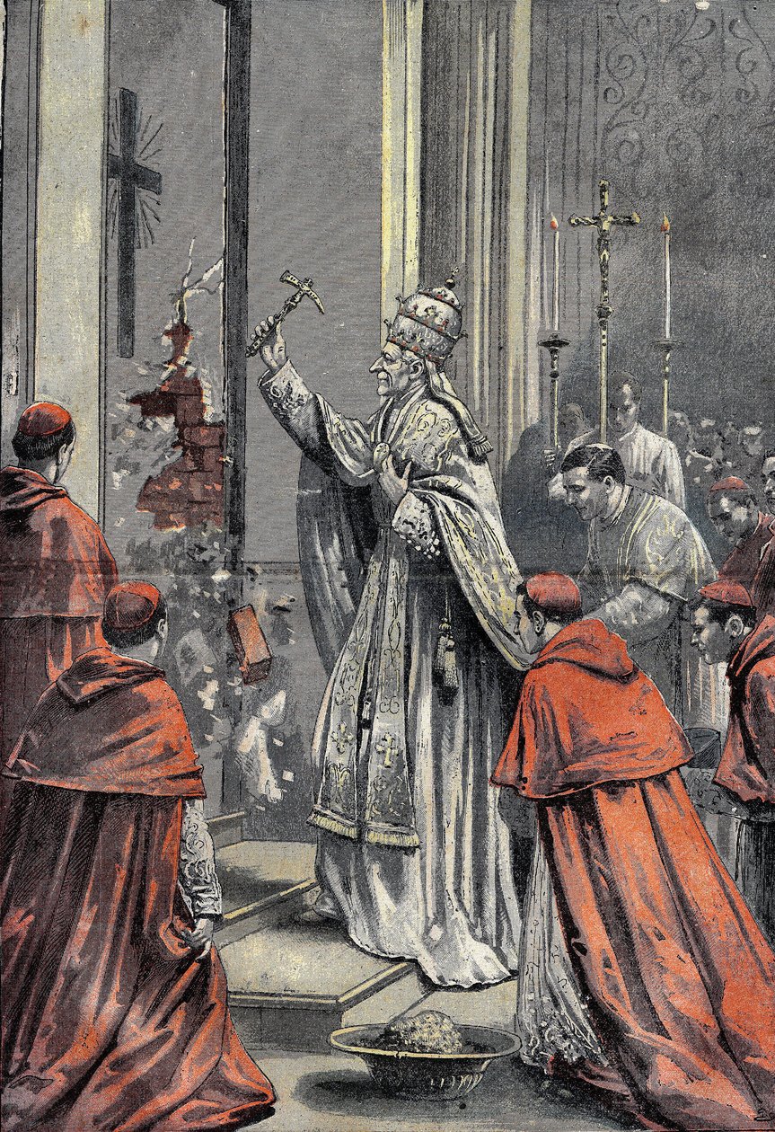 Leon XIII, ne Vincenzo Gioacchino Raffaele Luigi Pecci (1810-1903), 256 papież Kościoła katolickiego, broń w postaci złotego młota, otwiera drzwi jubileuszowe w św. Piotrze w Watykanie 24 grudnia 1899 r. Grawer w „”Le Pelerin 31.12.1899. autorstwa French School