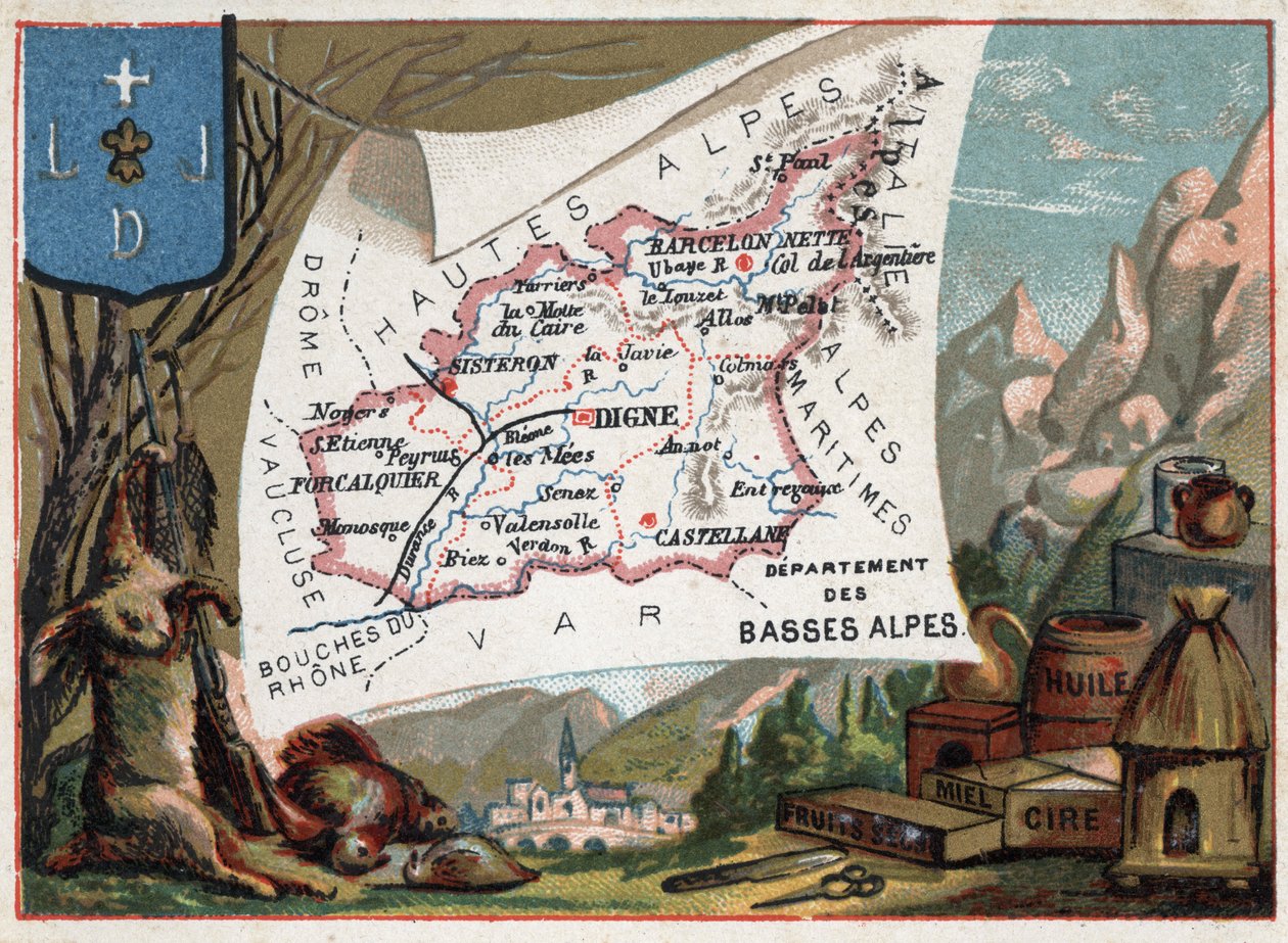 Les Basse Alpes (Basse-Alpes), dziś departament Alpes-de-Haute-Provence (Alpes de Haute-Provence 04), Francja. Lokalna specjalność: myślistwo, wosk, miód, bakalie i olej. Seria o francuskich departamentach. Chromolitografia (Chromo) „” geograficzna autorstwa French School