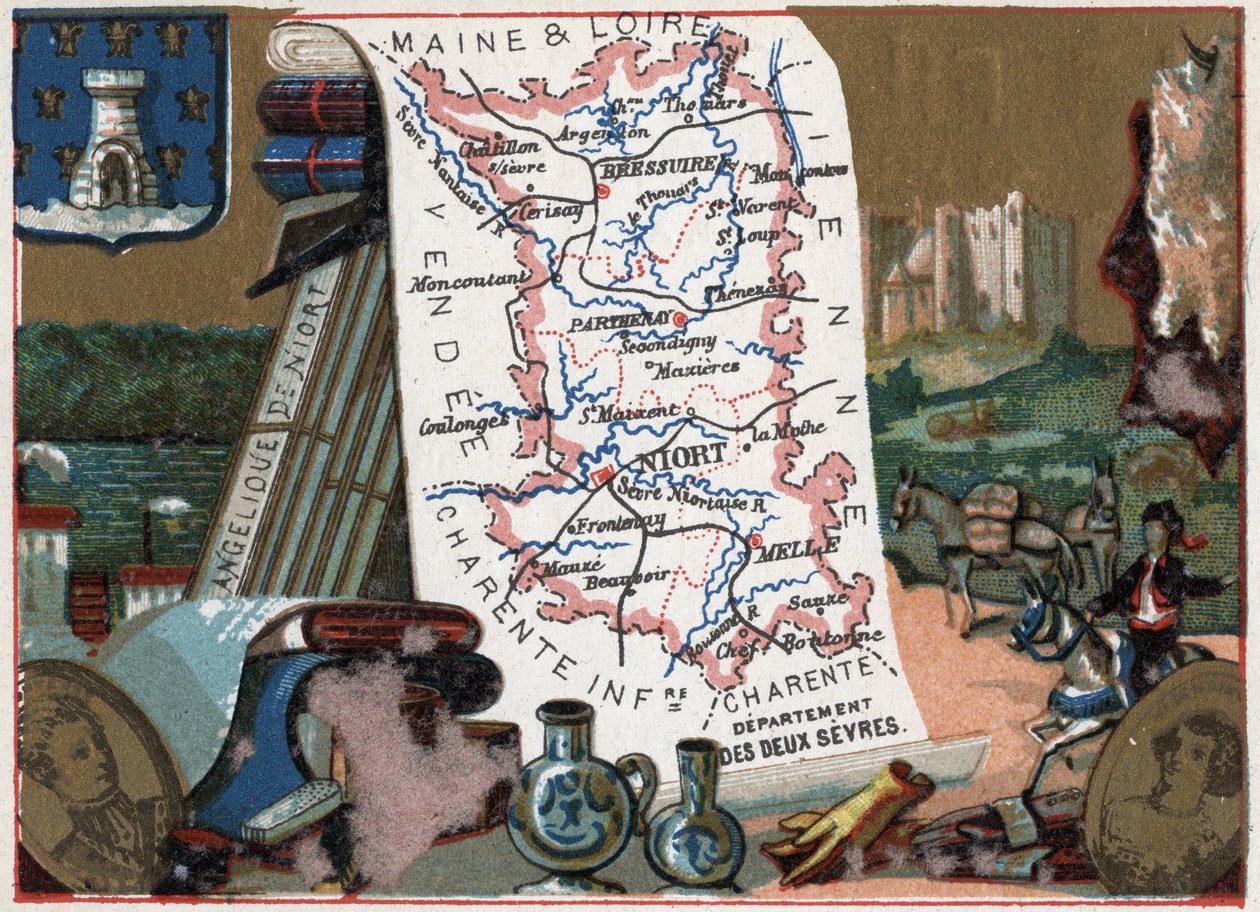 Les Deux Sevres (Deux-Sevres, 79), Poitou Charente (Poitou-Charente), Francja. Anielska Niort. Seria o francuskich departamentach. Chromolitografia (Chromo) „”nić geograficzna””, ok. 1920 r. Zbiory prywatne. autorstwa French School