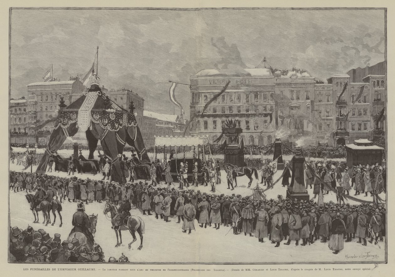 Pogrzeb cesarza Wilhelma, orszak przechodzący pod łukiem triumfalnym na Friedrichstrasse, Promenade des Tilleuls (rycina) autorstwa French School