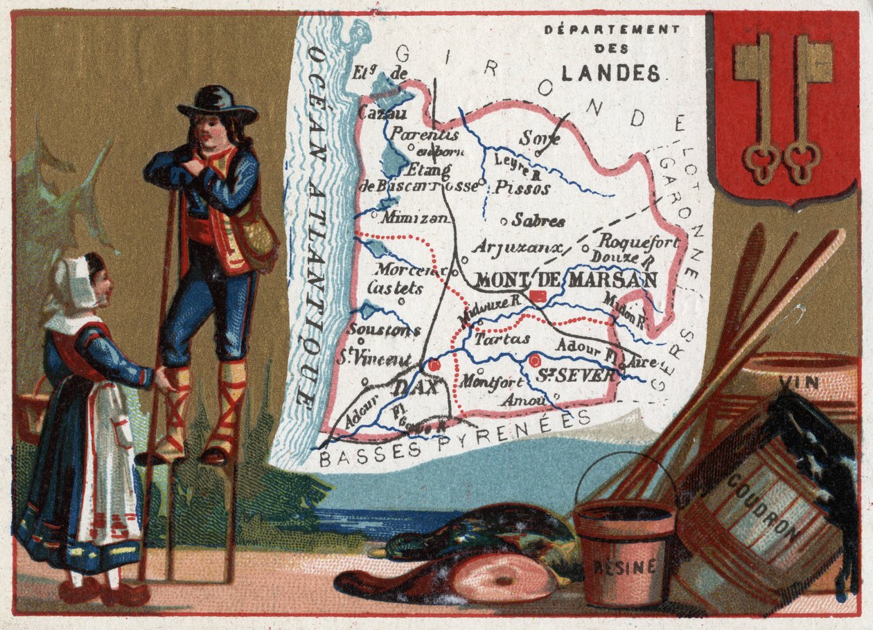 Les Landes (40), Akwitania, Francja. Seria o francuskich departamentach. Miejscowa specjalność: smoła i żywica winna. Pasterz Landów. Chromolitografia (Chromo) „”nić geograficzna””, ok. 1920 r. Ze zbiorów prywatnych. autorstwa French School