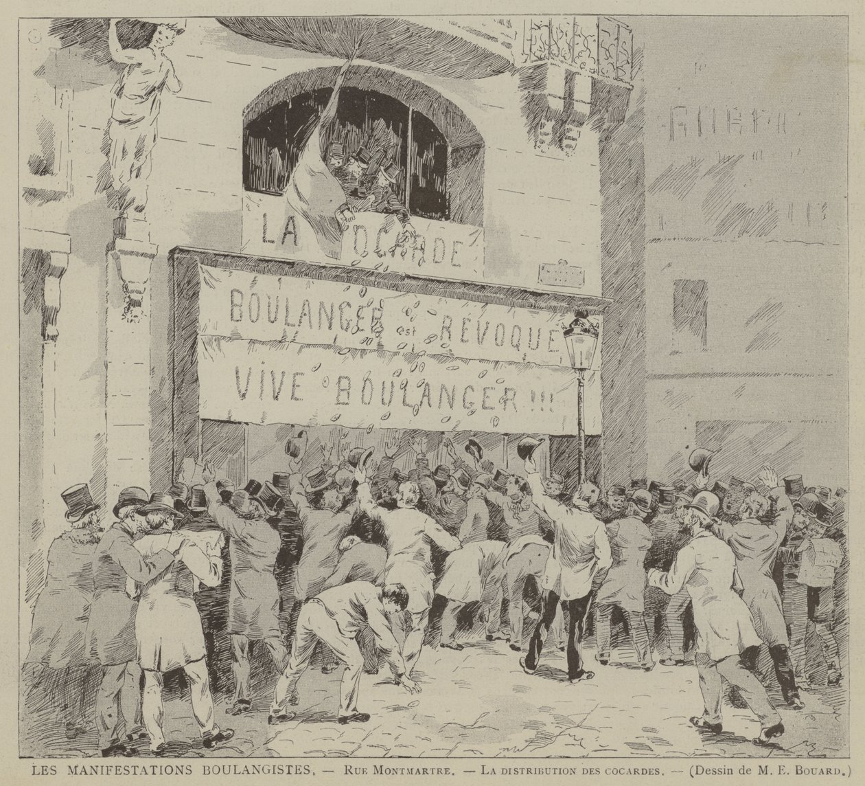 Les Manifestations Boulangistes, Rue Montmartre, La distribution des cocardes (rycina) autorstwa French School