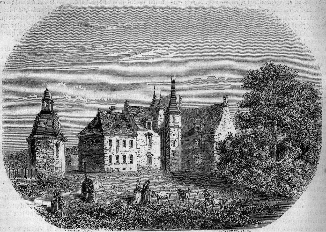 Les Rochers, dom Madame de Sevigne (Marie de Rabutin-Chantal lub Rabutin Chantal, Marquise de Sevigne dit) (1626-1696). Szkło, Wyspa i Vilaine (35). Grawerowanie przez Lancelota w „”Malowniczym sklepie”” autorstwa French School