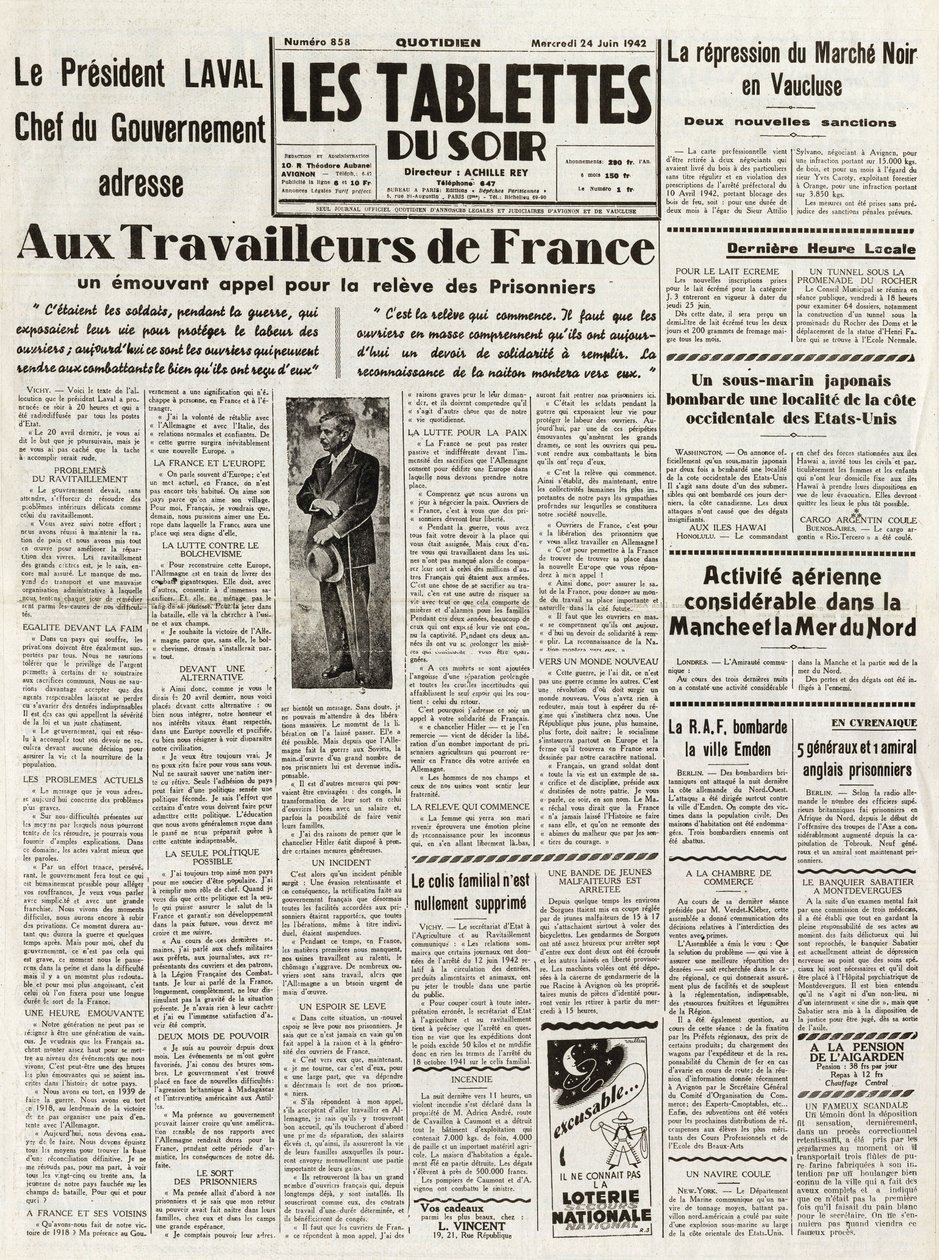 Les Tablets du soir du 24/06/1942 - SZEF RZĄDU LAVALU WYSTĄPIŁ DO PRACOWNIKÓW FRANCUSKICH Apel o represje na rynku NOIR IN VAUCLUSE - DUŻE DZIAŁALNOŚĆ W ZAKRESIE LOTNICZY W KANAPIE I MORZU PÓŁNOCNYM - autorstwa French School