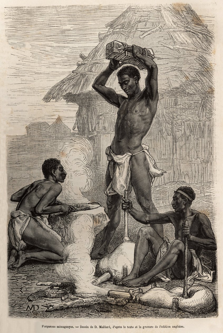 Les blacksmiths mannganyas, w wiosce nad rzeką Loualaba (dzisiejsza rzeka Kongo), rycina wg rysunku D.Maillarda, ilustrującego ostatni pamiętnik Davida Livingstone