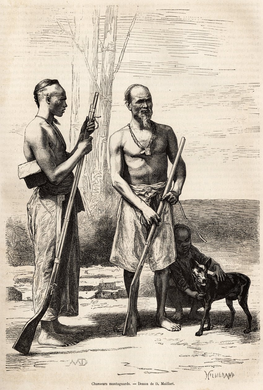 Łowcy gór z wyspy Formosa, rycina wg rysunku D.Maillarda ilustrującego podróż do Chin J.Thompsona, w latach 1870-1872, opublikowana w „Le tour du monde””” 1875, pod redakcją Edouarda Chartona, Wydanie Hachette, Paryż. Selva Collecti autorstwa French School