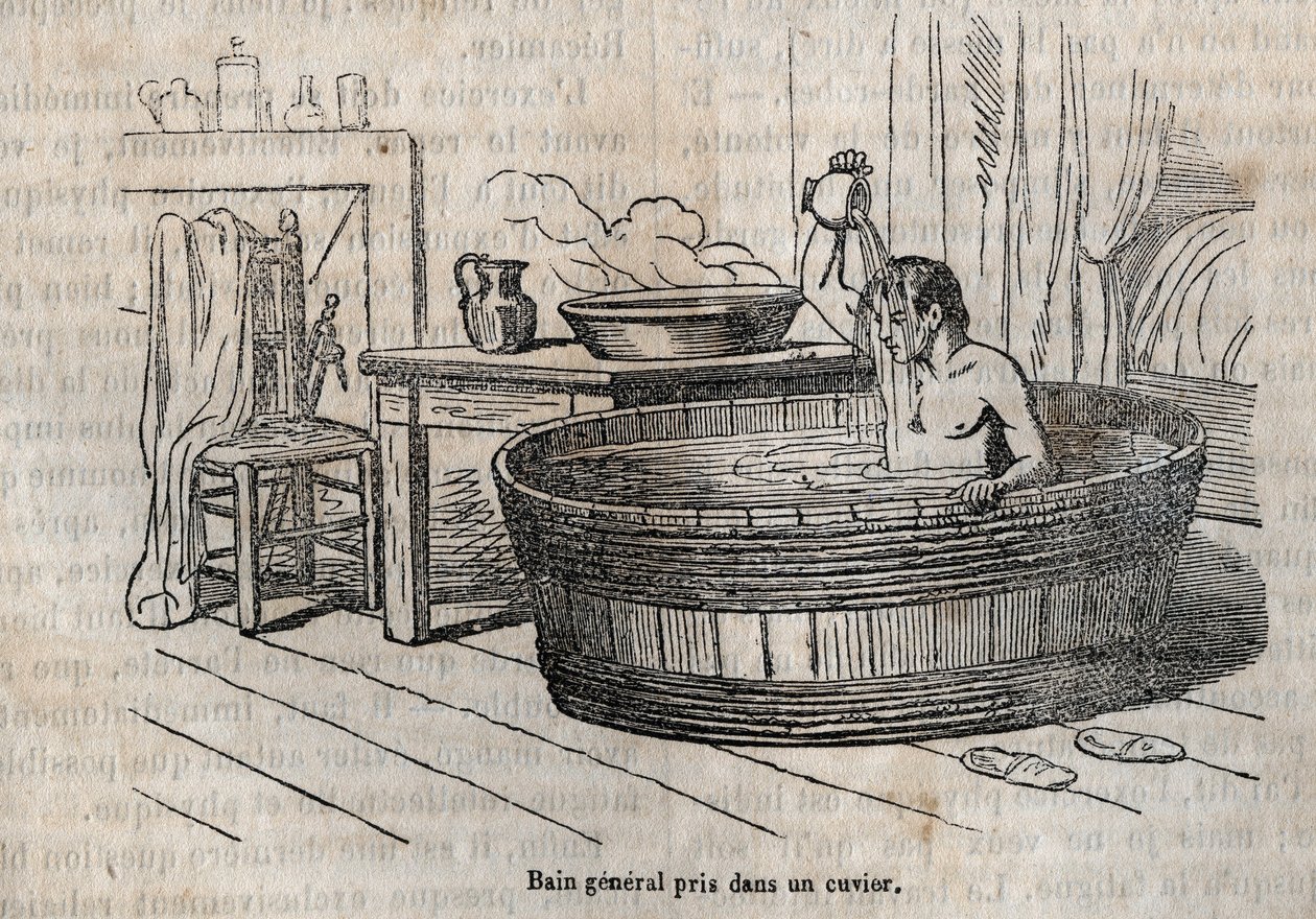 Gesty w kąpieli - Higiena w XIX wieku - kąpiel w misce - grawer w „La Sante Universelle - Guide Medical des Familles” 1852 autorstwa French School