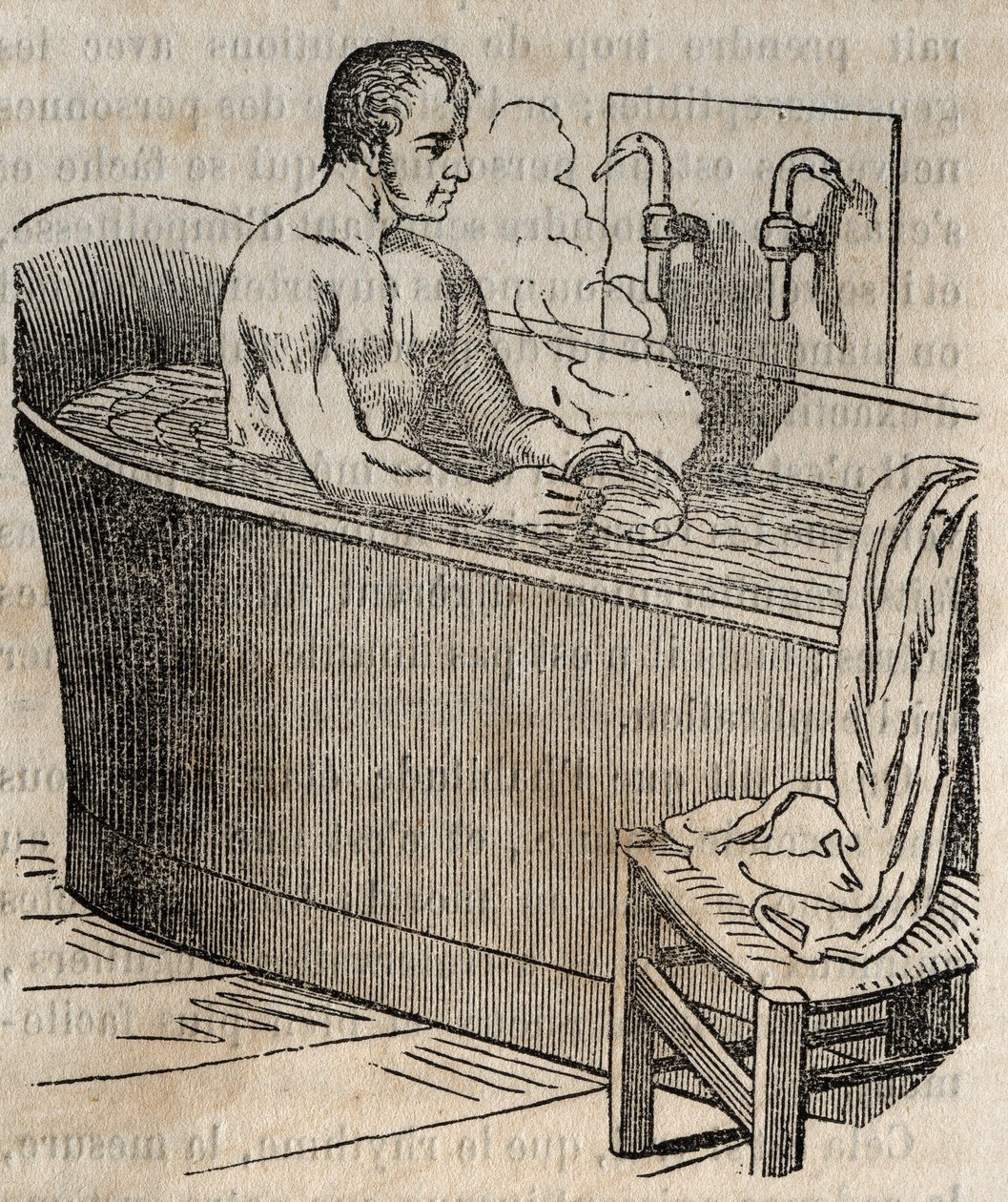 Gesty w kąpieli - Higiena w XIX wieku - mężczyzna w wannie - grawer w „La Sante Universelle - Guide Medical des Familles” 1852 autorstwa French School