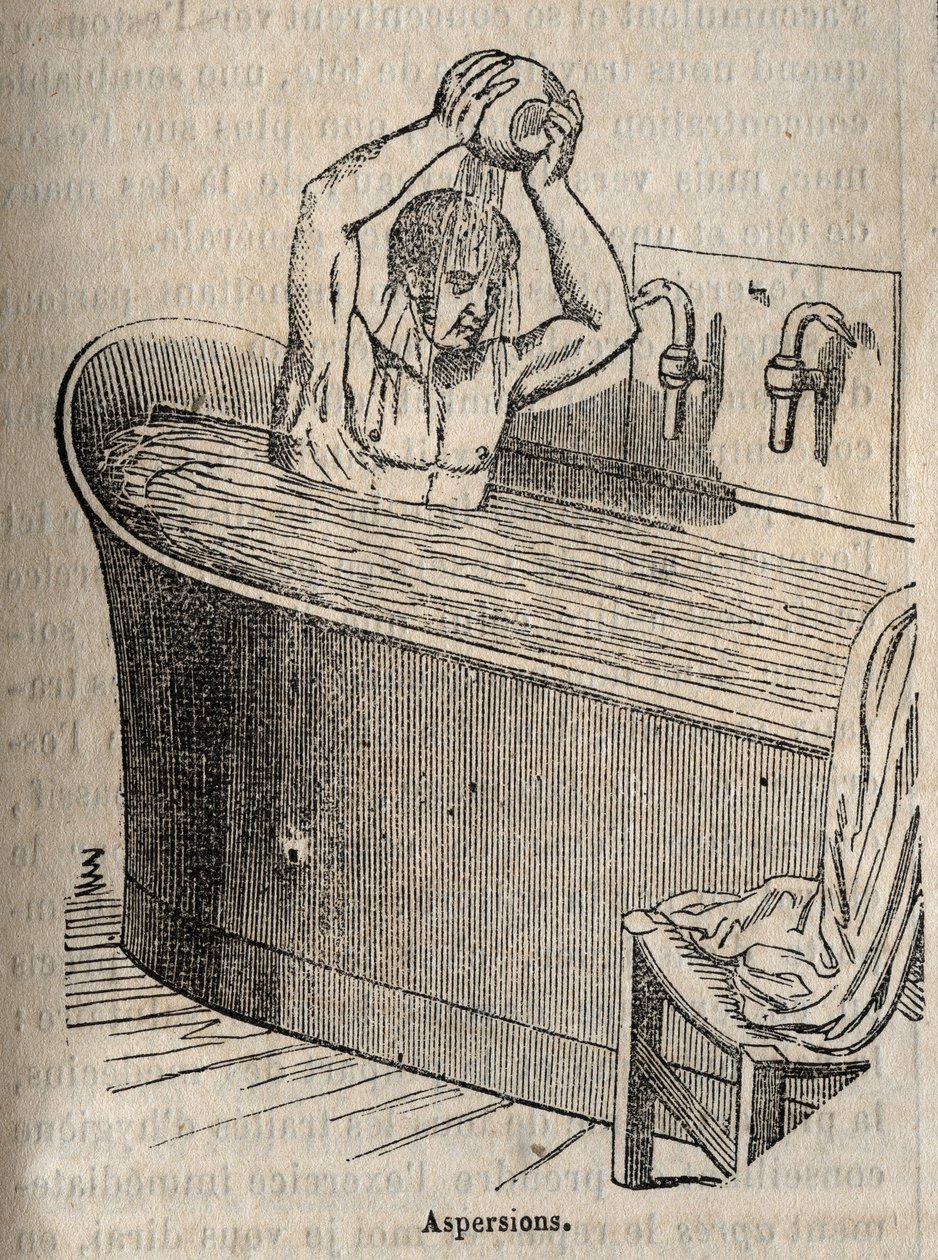 Gesty w kąpieli - Higiena w XIX wieku - mężczyzna w wannie - grawer w „La Sante Universelle - Guide Medical des Familles” 1852 autorstwa French School