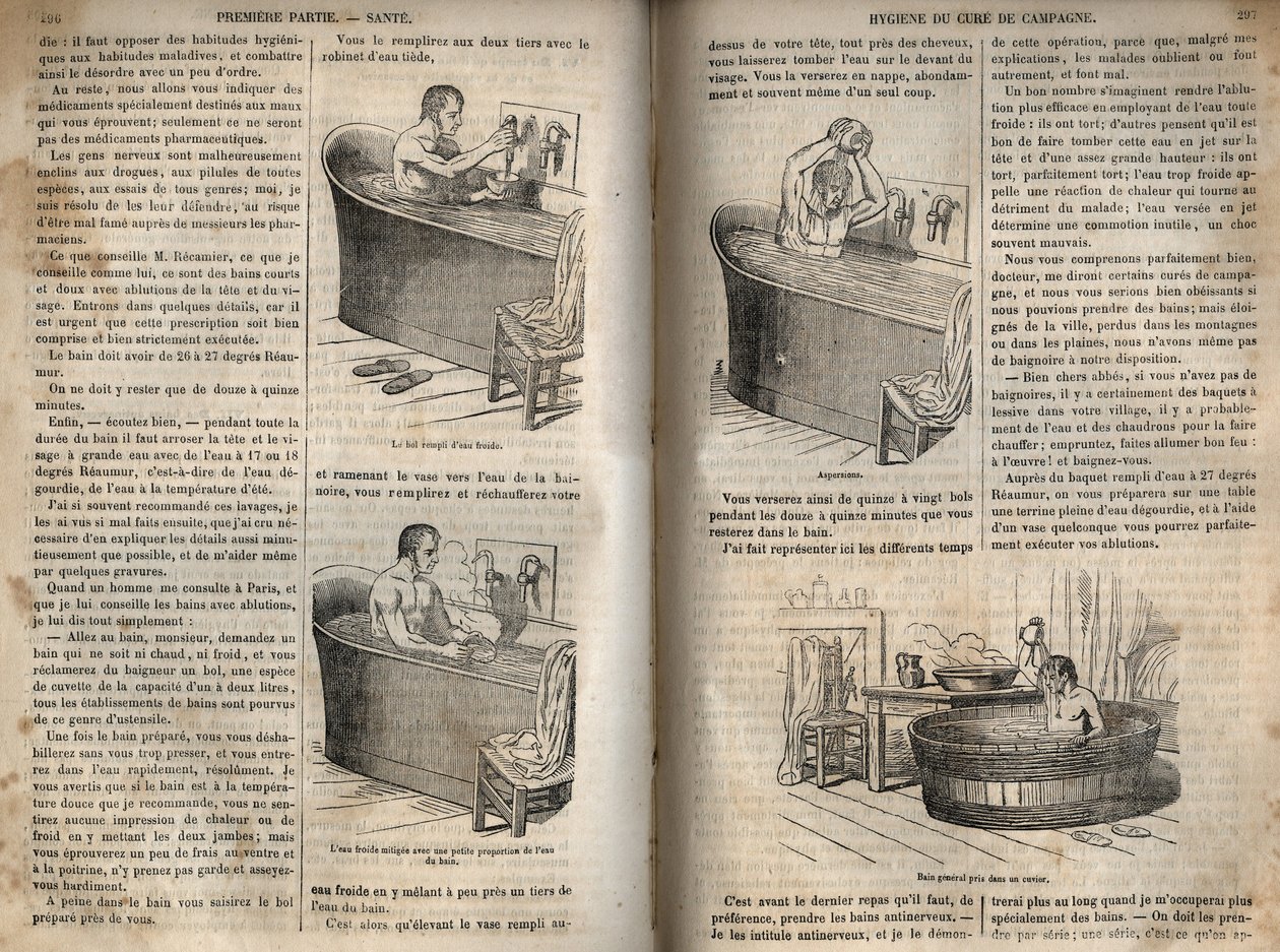 Gesty w kąpieli - Higiena w XIX wieku - mężczyzna w wannie - grawer w „La Sante Universelle - Guide Medical des Familles” 1852 autorstwa French School