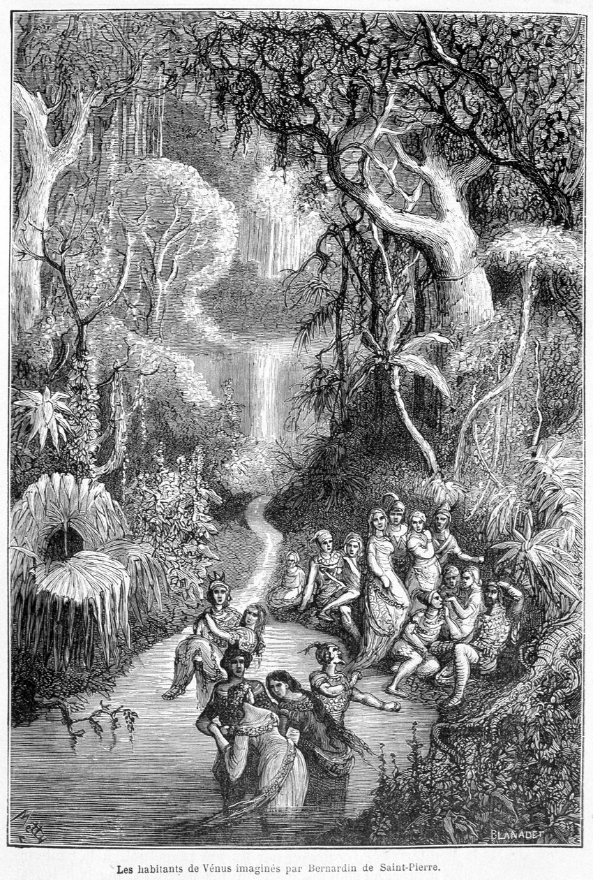Mieszkańcy Wenus wyobrażeni przez Henri Bernardina de Saint Pierre (Saint-Pierre lub St-Pierre), francuskiego pisarza (1737-1814) - w „Krajach nieba” Camille Flammarion, wyd. Marpon & Flammarion, Paryż autorstwa French School