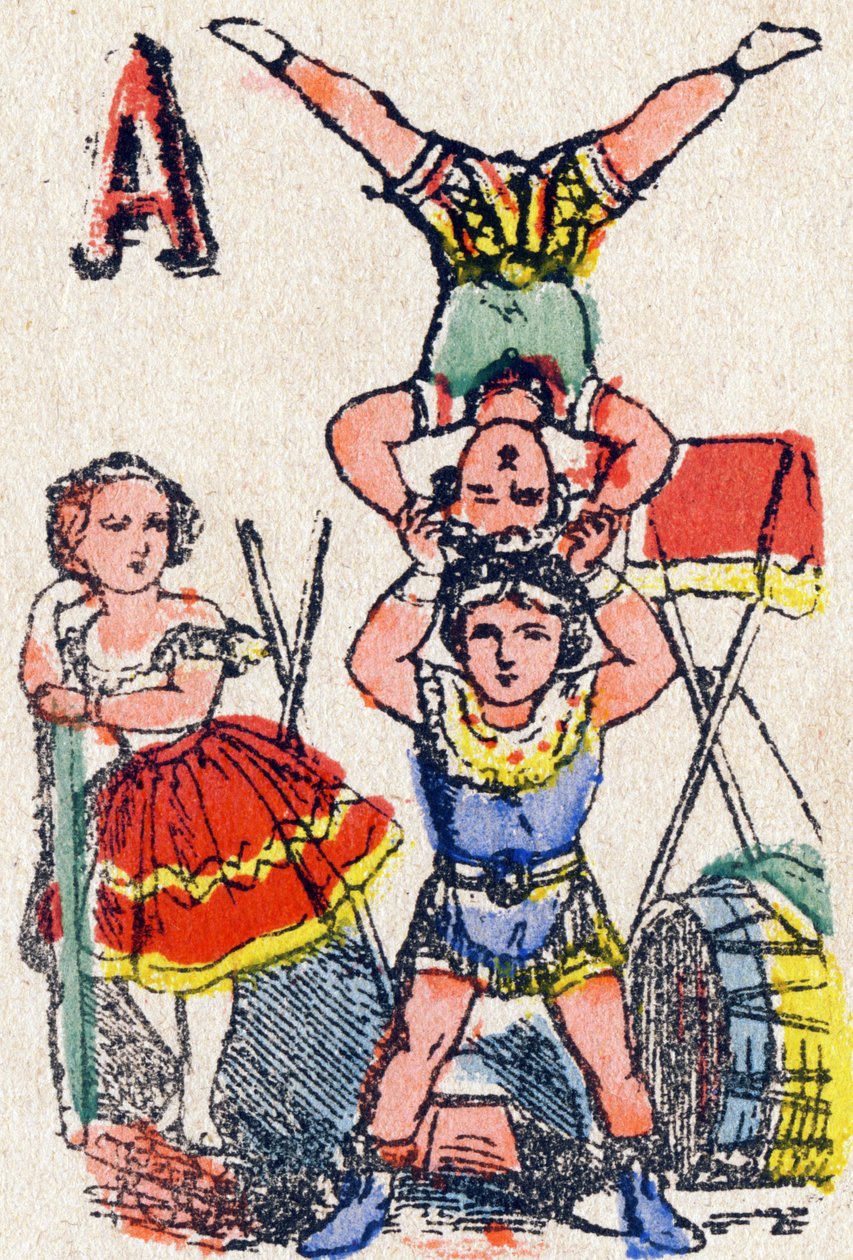 Litera A Akrobaci. Grawerowanie w „Alfabet des jeux””. Pan Vagne, redaktor, Pont-a-Mousson, koniec XIX wieku. Różowa seria. 12 stron. Album zawierający uproszczoną metodę czytania oraz ilustrowane abecedary. Wymiary: 16,5x11cm autorstwa French School