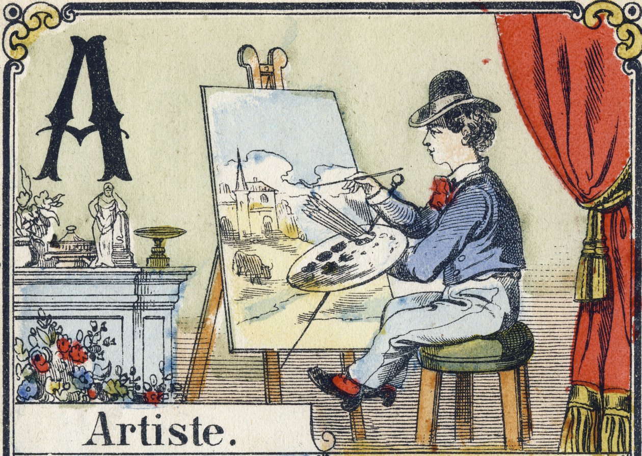 Litera A: artysta. Alfabet rekreacyjny. Obrazowanie epinal. Drzeworyty szablonowane, ok. 1880 r. Mała książeczka 16 stron (205 x 150 mm). Prywatna kolekcja autorstwa French School