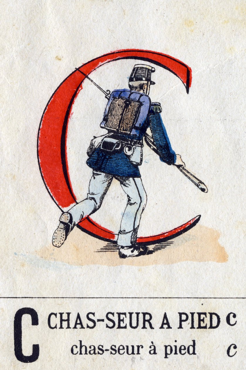 Litera C jako łowca stóp. Alfabet wojskowy (ABC lub abecedary). Obraz Epinal, około 1870-1880). Drzeworyty w kolorze wzornikowym. Prywatna kolekcja autorstwa French School