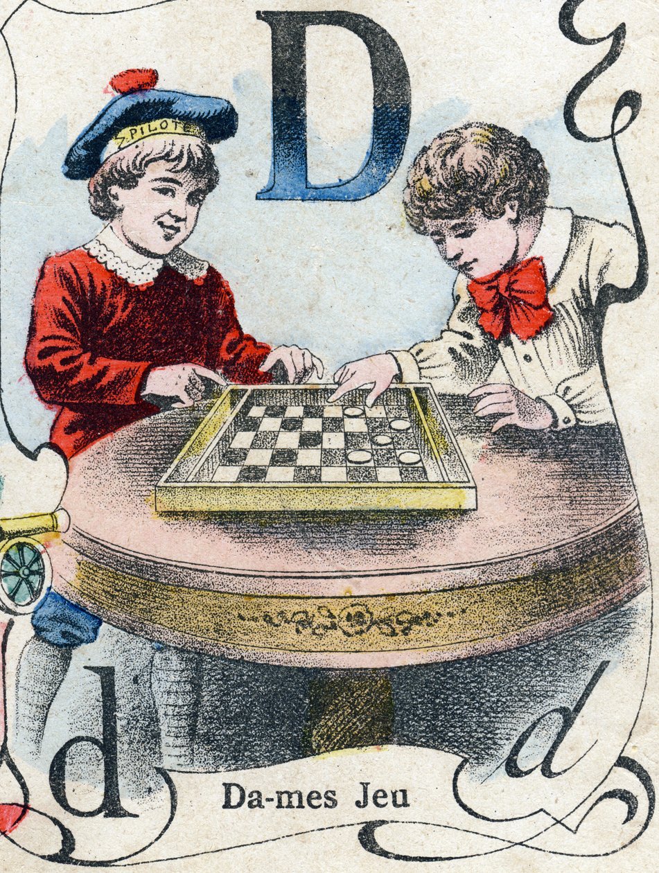 Litera D: Gra w warcaby. Grawerowanie w "ABC des joux pour petits boys". Obraz Pont-a-Mousson, Louis Vagne, drukarz-wydawca, koniec XIX wieku. Wymiary: 32,5x25 cm autorstwa French School