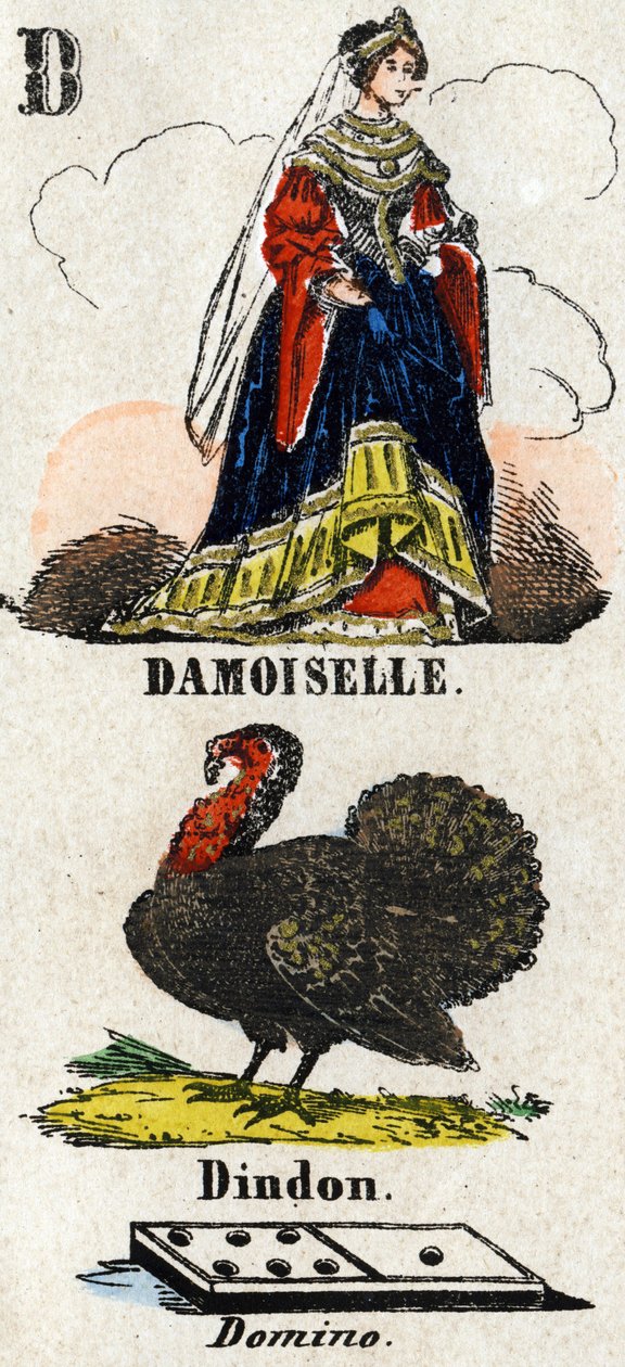 Litera D jak damoiselle, indyk i domino. Mały alfabet encyklopedyczny. Obraz Epinal, ok. 1860 r. Drzeworyt, szablon ze złoceniami. Wymiary: 37,8x50,3cm. Prywatna kolekcja autorstwa French School