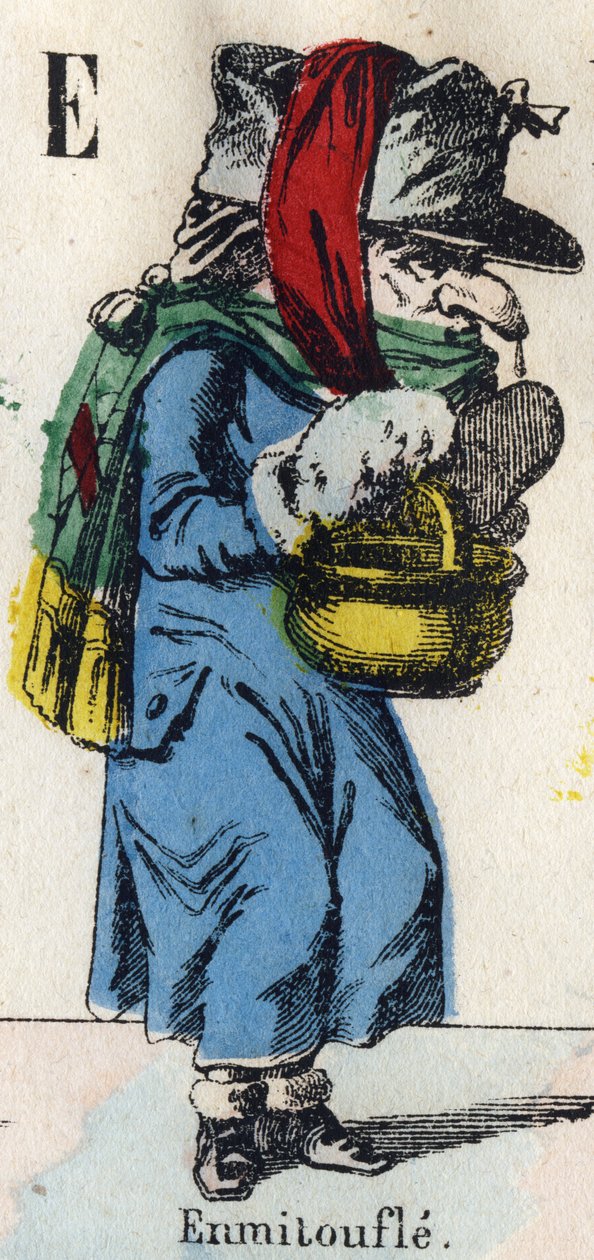 Litera E: Wrap (Okład z futer i tkanin, aby się ogrzać). Grawerowanie w „Komiks alfabetu”. Nowe obrazowanie Epinal. Litografia Pinot et Sagaire, redaktorzy, w latach 1860-1888. Tabliczka nr 491 z 25 podświetlanymi literami. Wymiary: 40,5x28cm. Prywatna kol autorstwa French School