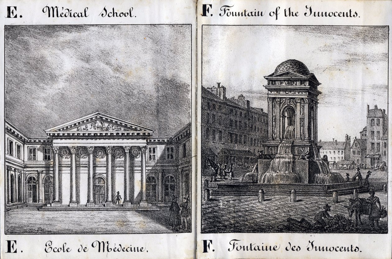 Litera E i F: Szkoła Medyczna i Fontanna Niewiniątek - „Alfabet Malowniczy des Monumens de Paris” ok. 1840 (rycina) autorstwa French School