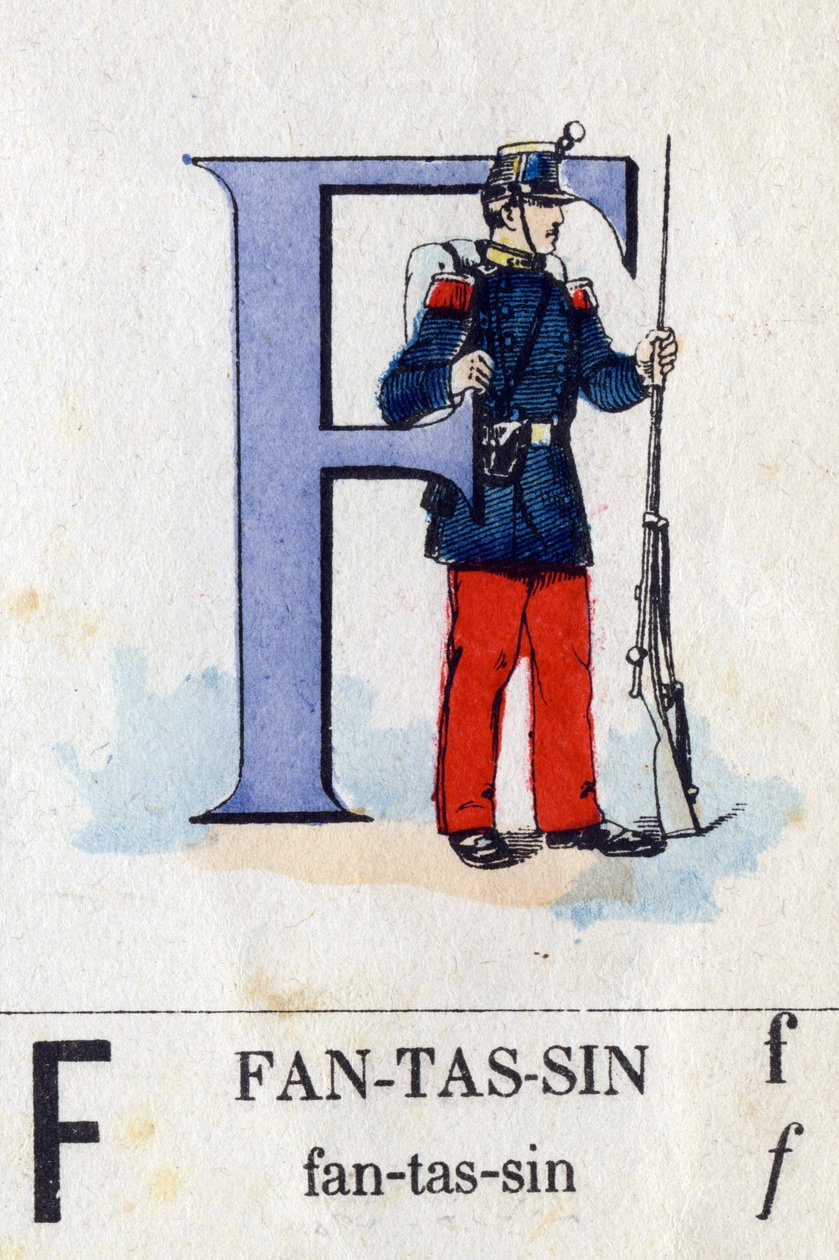 Litera F jako piechur. Alfabet wojskowy. Obraz Epinal, około 1870-1880. Drzeworyty w kolorze wzornikowym autorstwa French School