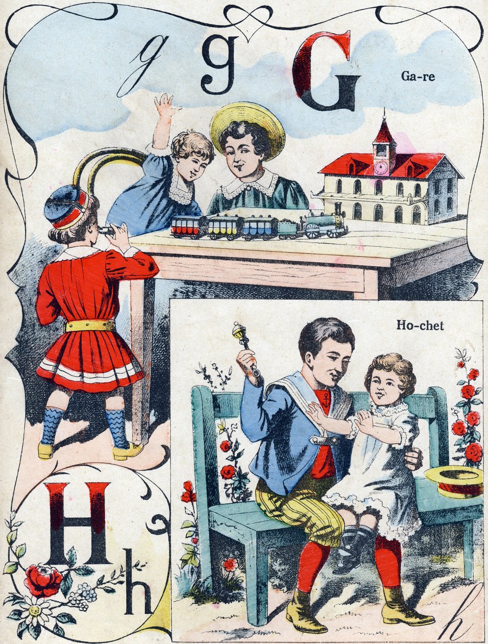 Litera G H: stacja i grzechotka. Grawerowanie w "ABC des joux pour petits boys". Obraz Pont-a-Mousson, Louis Vagne, drukarz-wydawca, koniec XIX wieku. Wymiary: 32,5x25 cm autorstwa French School