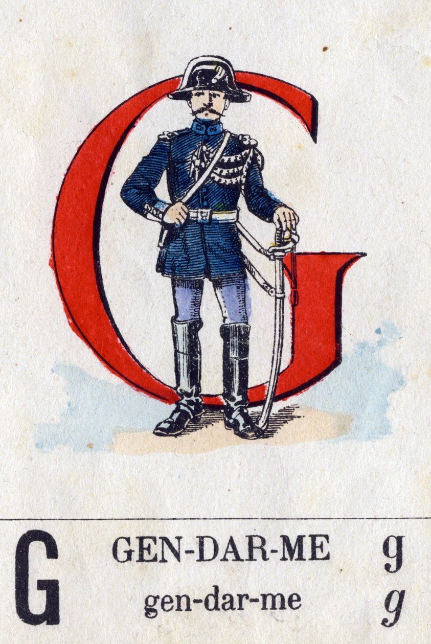 Litera G jako konstabl. Alfabet wojskowy. Obraz Epinal, około 1870-1880. Drzeworyty w kolorze wzornikowym autorstwa French School