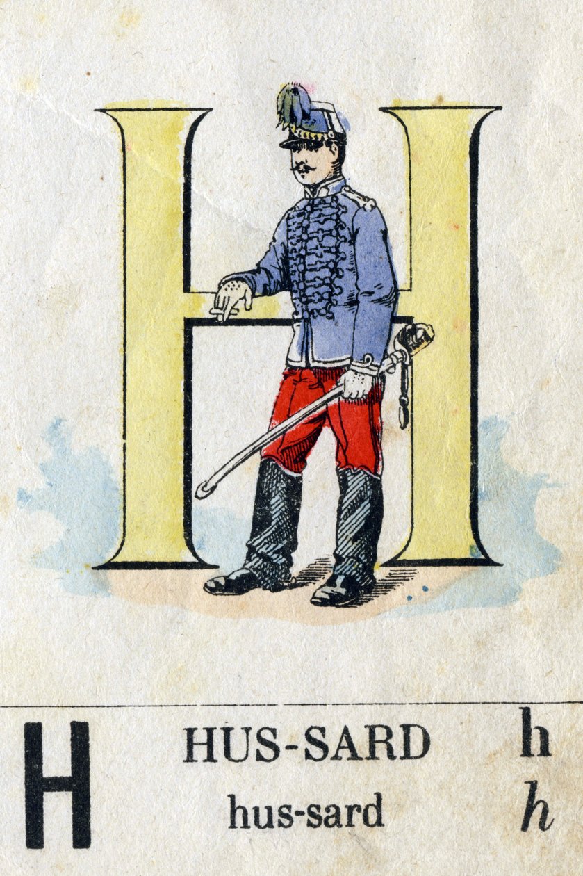 Litera H jako huzar. Alfabet wojskowy. Obraz Epinal, około 1870-1880. Drzeworyty w kolorze wzornikowym autorstwa French School