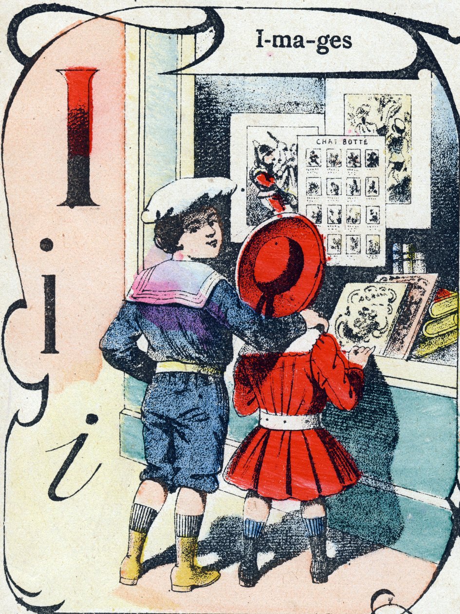 Litera I: obrazy. Grawerowanie w "ABC des joux pour petits boys". Obraz Pont-a-Mousson, Louis Vagne, drukarz-wydawca, koniec XIX wieku. Wymiary: 32,5x25 cm autorstwa French School