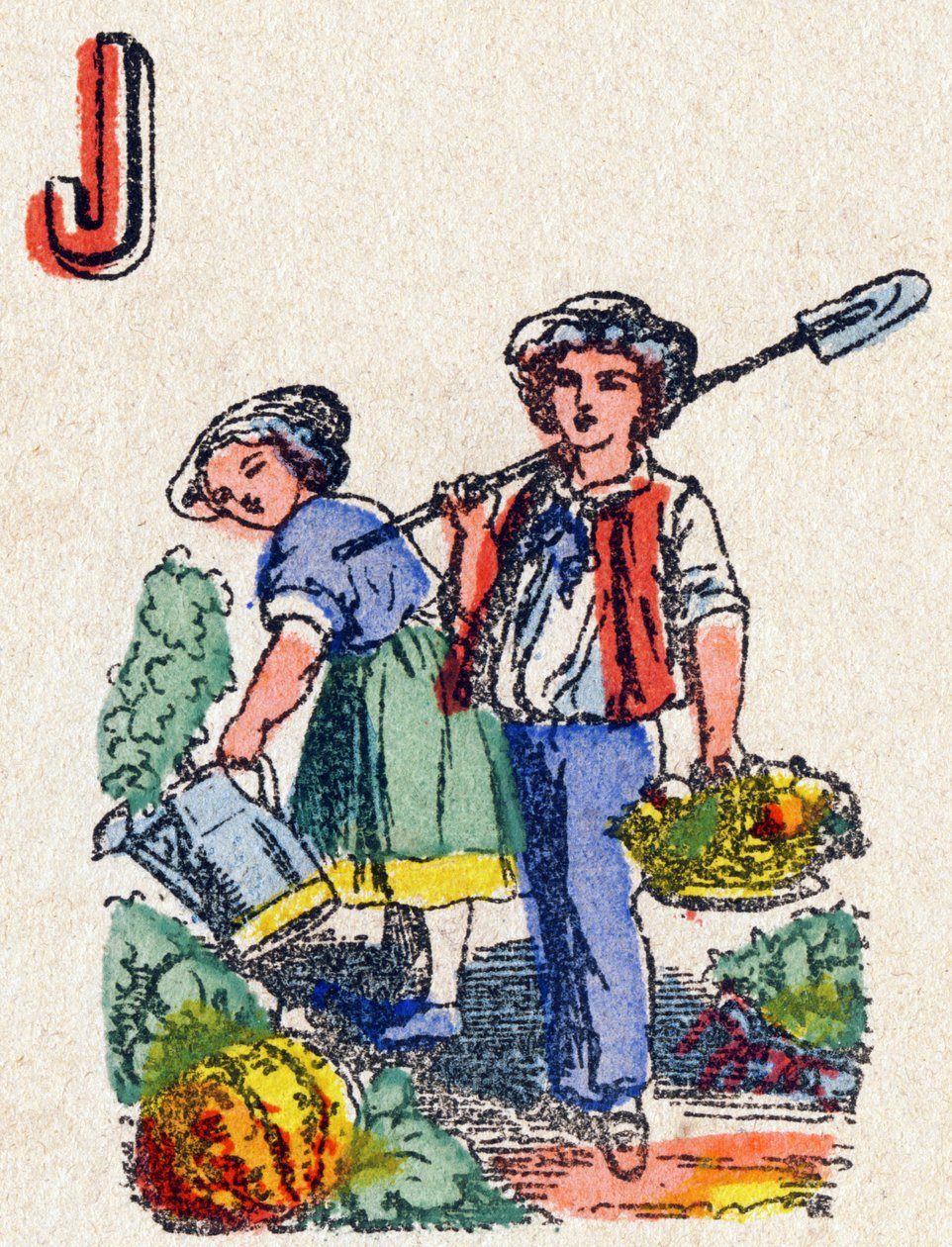 Litera J Ogrodnicy. Grawerowanie w „Alfabet des jeux””. Pan Vagne, redaktor, Pont-a-Mousson, koniec XIX wieku. Różowa seria. 12 stron. Album zawierający uproszczoną metodę czytania oraz ilustrowane abecedary. Wymiary: 16,5x11cm autorstwa French School