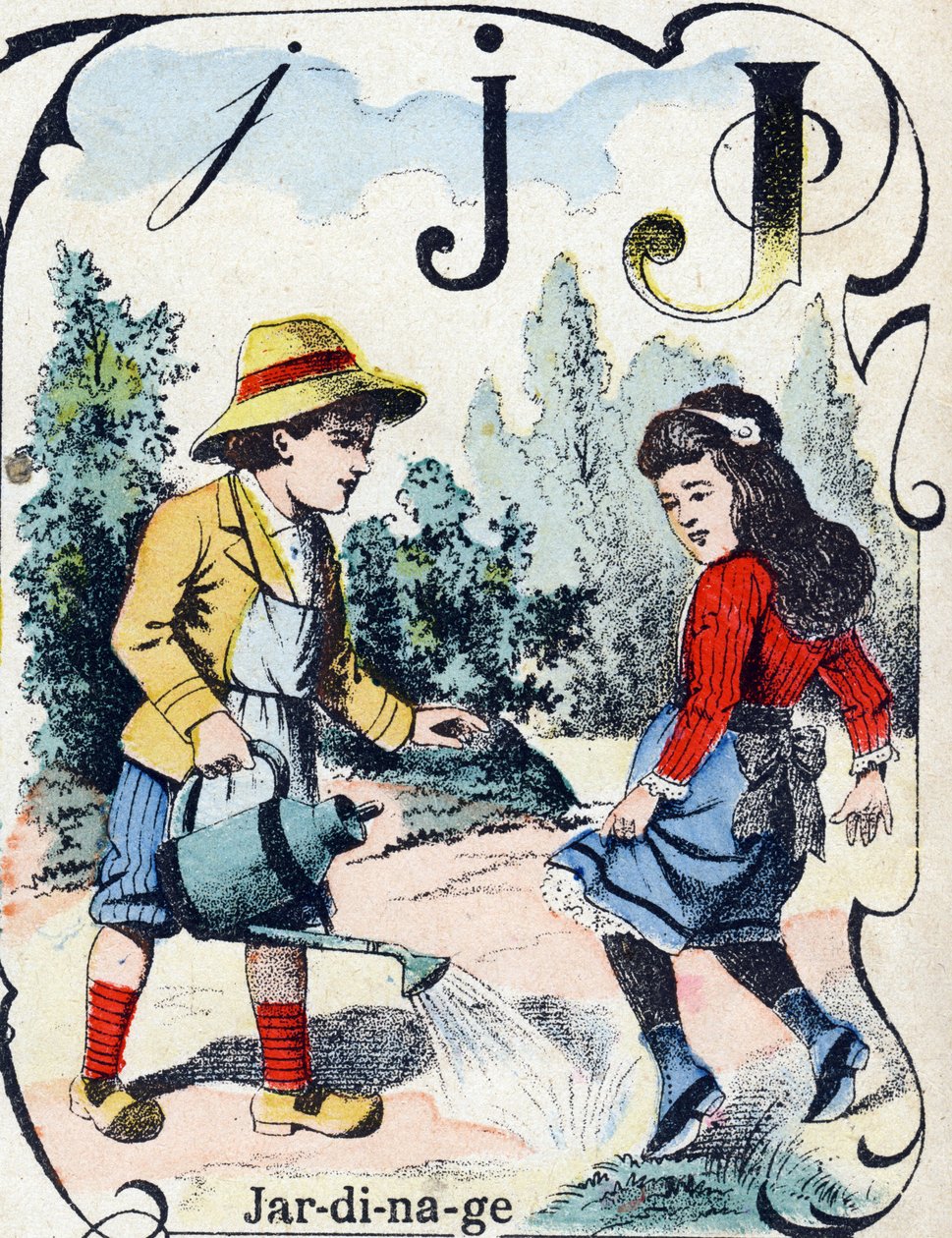 Litera J: Ogrodnictwo. Grawerowanie w "ABC des joux pour petits boys". Obraz Pont-a-Mousson, Louis Vagne, drukarz-wydawca, koniec XIX wieku. Wymiary: 32,5x25 cm autorstwa French School
