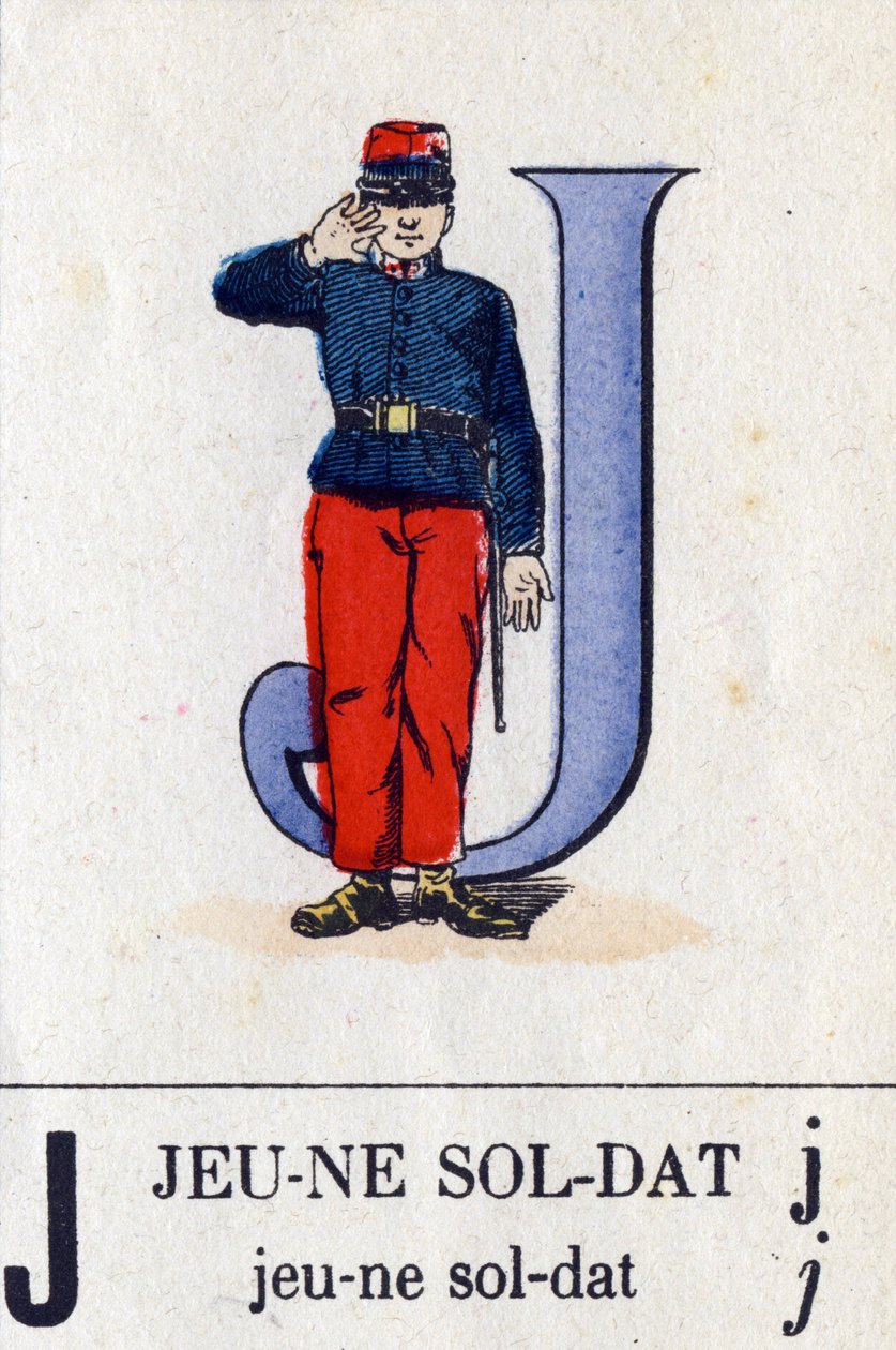 Litera J jako młody żołnierz. Alfabet wojskowy. Obraz Epinal, około 1870-1880. Drzeworyty w kolorze wzornikowym autorstwa French School