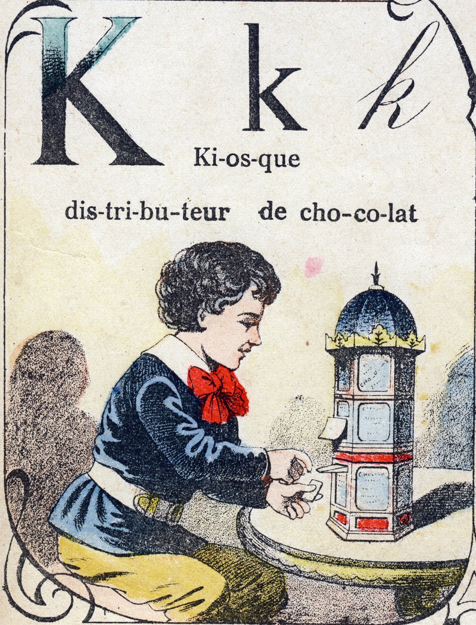 Litera K: kiosk z dozownikiem czekolady. Grawerowanie w "ABC des joux pour petits boys". Obraz Pont-a-Mousson, Louis Vagne, drukarz-wydawca, koniec XIX wieku. Wymiary: 32,5x25 cm autorstwa French School