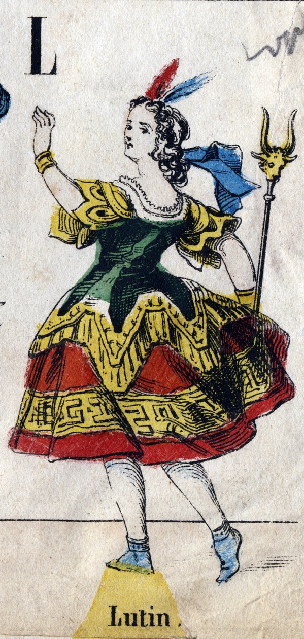 Litera L: Leprechaun. Grawerowanie w "Maskaradzie alfabetu". Nowe obrazowanie Epinal. Drukarsko-litografia Pinot et Sagaire, red., Epinal, II poł. Tabliczka Ná 491 z 25 podświetlanymi literami. Wymiary: 40,5x28cm autorstwa French School
