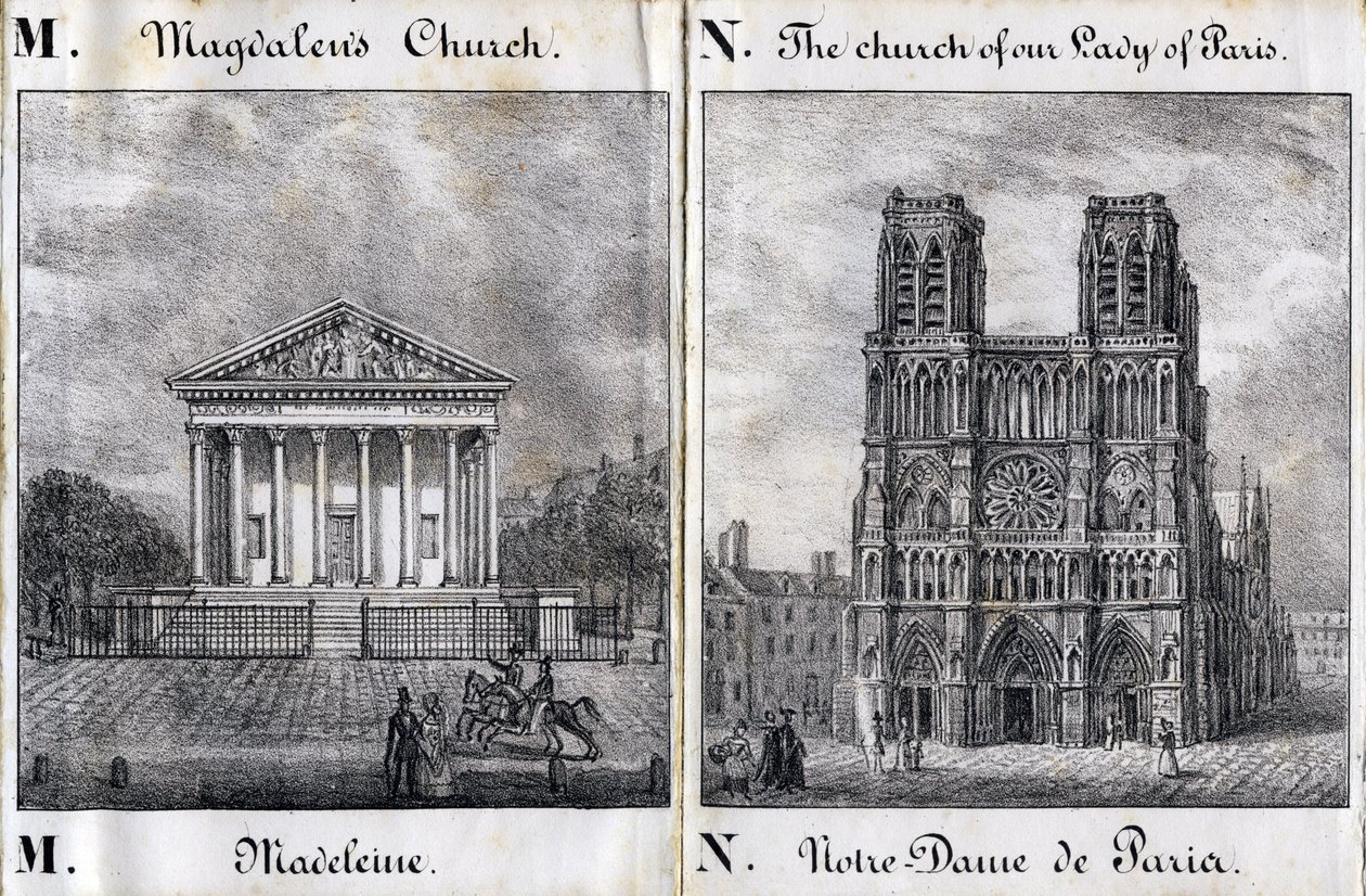 Litera M Madeleine i N Notre-Dame de Paris (Notre Dame de Paris) - "Alphabet Picturesque des Monumens de Paris" ok. 1840 (rycina) autorstwa French School