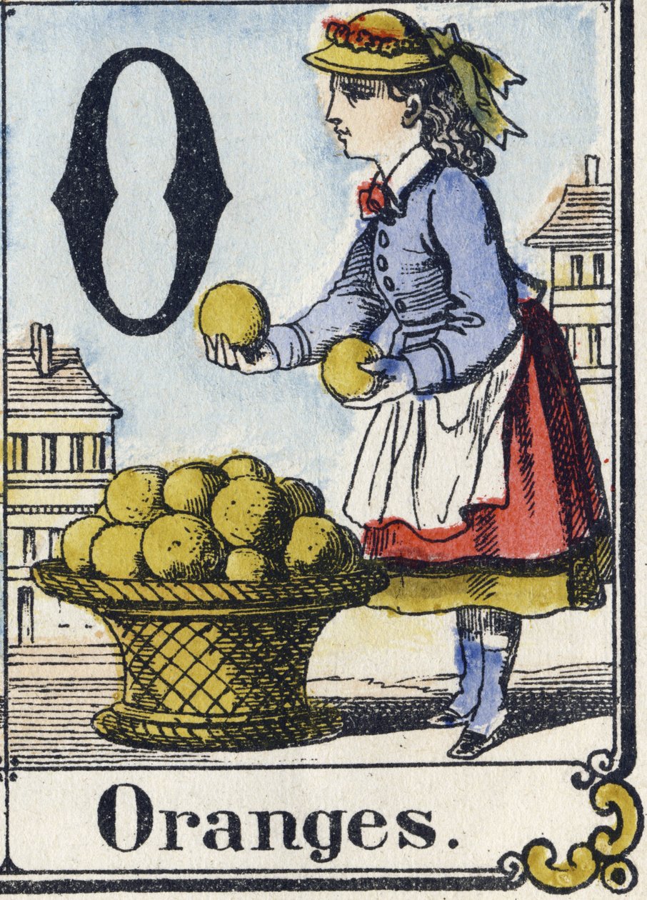 Litera O: Pomarańcze. Alfabet rekreacyjny. Obrazowanie epinal. Drzeworyty szablonowe, ok. 1880 r. Mała książeczka 16 stron autorstwa French School
