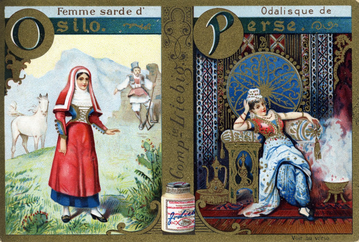 Litera O jako Sardynka z Osilo i P jako Odalisk z Persji. Alfabet kobiet. Seria 12 obrazów. Reklama Liebiga autorstwa French School